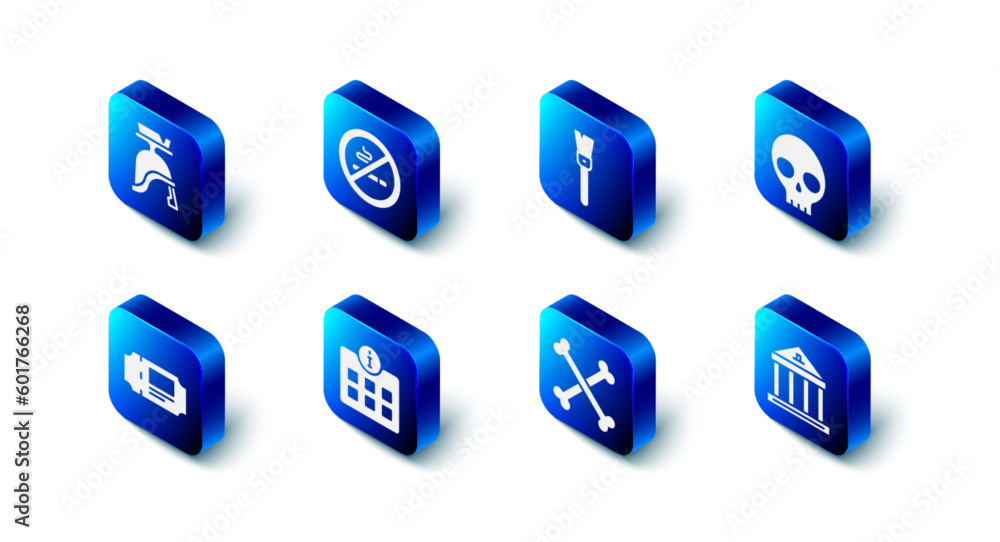 Set No Smoking, Paint brush, Human skull, Museum building, Crossed human bones, Information, ticket and Roman army helmet icon. Vector Set No Smoking, Paint brush, Human skull, Museum building, Crossed human bones, Information, ticket and Roman army helmet icon. Vector