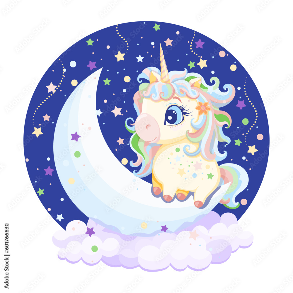 Cartoon style drawing of cute baby unicorn on the moon in clouds on ...