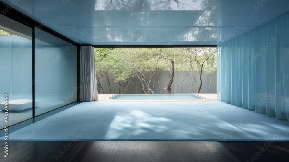 Modern transparent house, full of glass with blue style and thanks to this, it offers a wonderful view of the garden from anywhere. Generative AI Technology Modern transparent house, full of glass with blue style and thanks to this, it offers a wonderful view of the garden from anywhere. Generative AI Technology