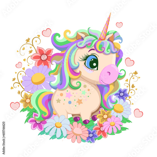 Cartoon style drawing of cute baby unicorn in hand drawn floral frame. Template design greeting card  poster  cover  sticker. Baby shower  birthday. Vector illustration. 