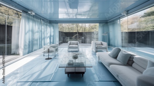 Modern transparent house  full of glass with blue style and thanks to this  it offers a wonderful view of the garden from anywhere. Generative AI Technology