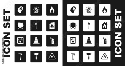 Set Fire flame, Burning match with fire, truck, Firefighter, burning house, Flasher siren, extinguisher and alarm system icon. Vector