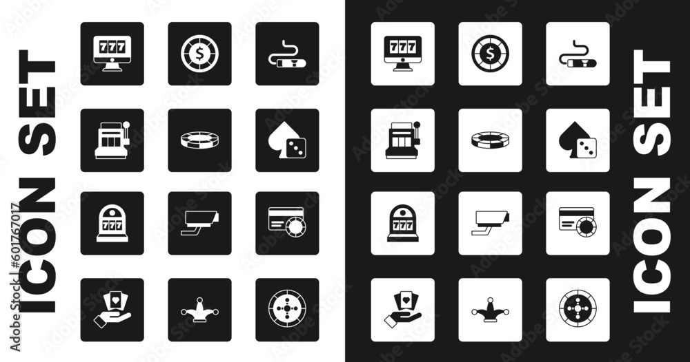 Set Cigar, Casino chips, Slot machine, Online slot with jackpot, Game dice, Credit card and icon. Vector Set Cigar, Casino chips, Slot machine, Online slot with jackpot, Game dice, Credit card and icon. Vector