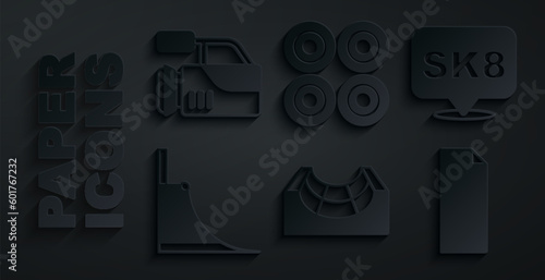 Set Skate park, Skateboard, Grip tape on skateboard, wheel and Cinema camera icon. Vector