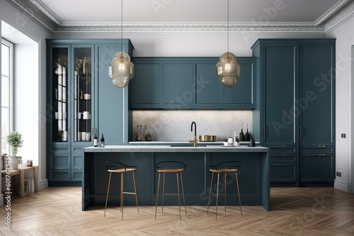 Blue kitchen cabinet with decors in front of white wall, 3D render. Generative AI