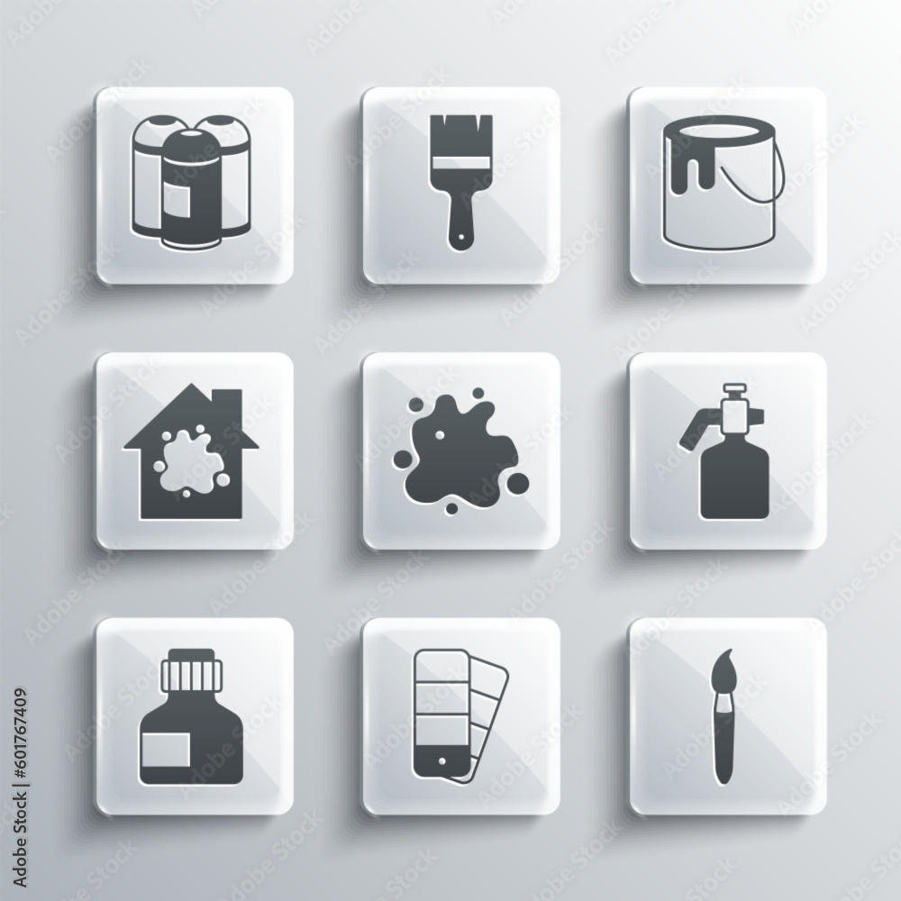 Set Color palette guide, Paint brush, spray gun, Paint, gouache, jar, dye, Painting the house, can and bucket icon. Vector Set Color palette guide, Paint brush, spray gun, Paint, gouache, jar, dye, Painting the house, can and bucket icon. Vector