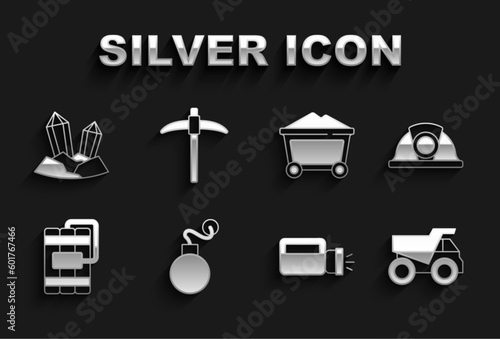 Set Bomb, Miner helmet, Mining dump truck, Flashlight, Dynamite, coal trolley, Gem stone and Pickaxe icon. Vector