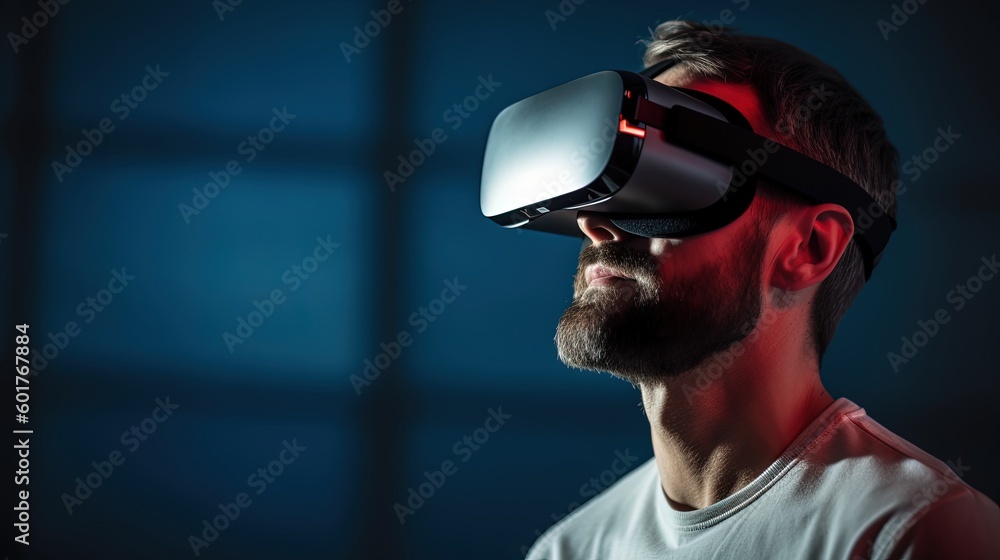 Photograph of man with VR headset exploring the metaverse, Generative AI Technology Photograph of man with VR headset exploring the metaverse, Generative AI Technology