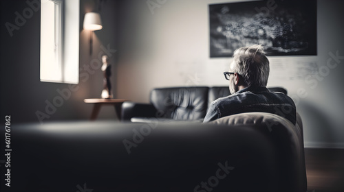 Elderly man alone and sitting in his living room looking out the window. Concept of loneliness, sadness and depression in the elderly. Generative ai. photo