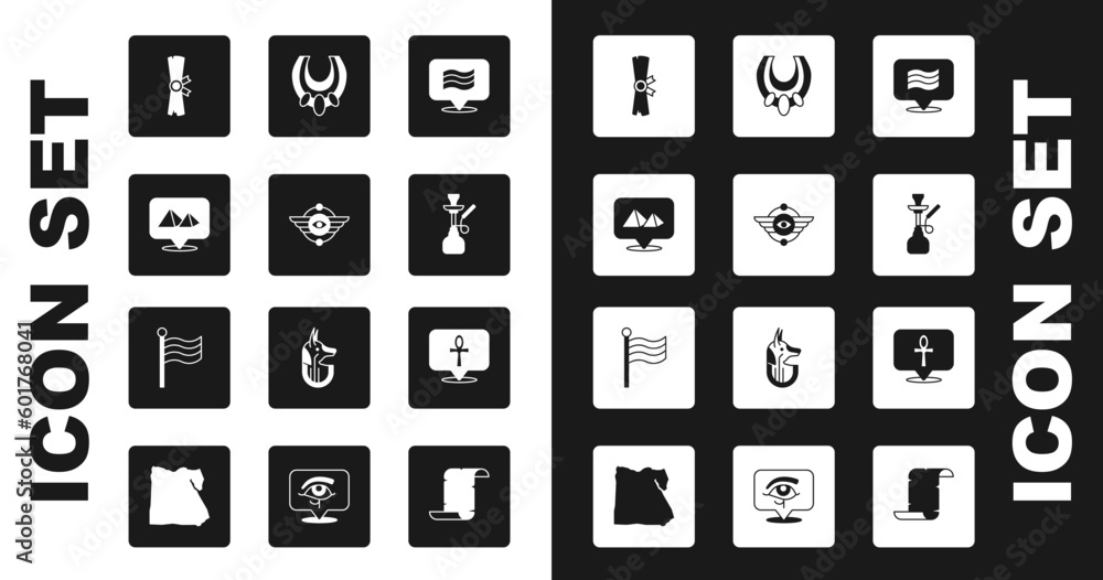 Set Flag Of Egypt, Egyptian symbol Winged sun, pyramids, Papyrus scroll, Hookah, necklace, Cross ankh and icon. Vector Set Flag Of Egypt, Egyptian symbol Winged sun, pyramids, Papyrus scroll, Hookah, necklace, Cross ankh and icon. Vector