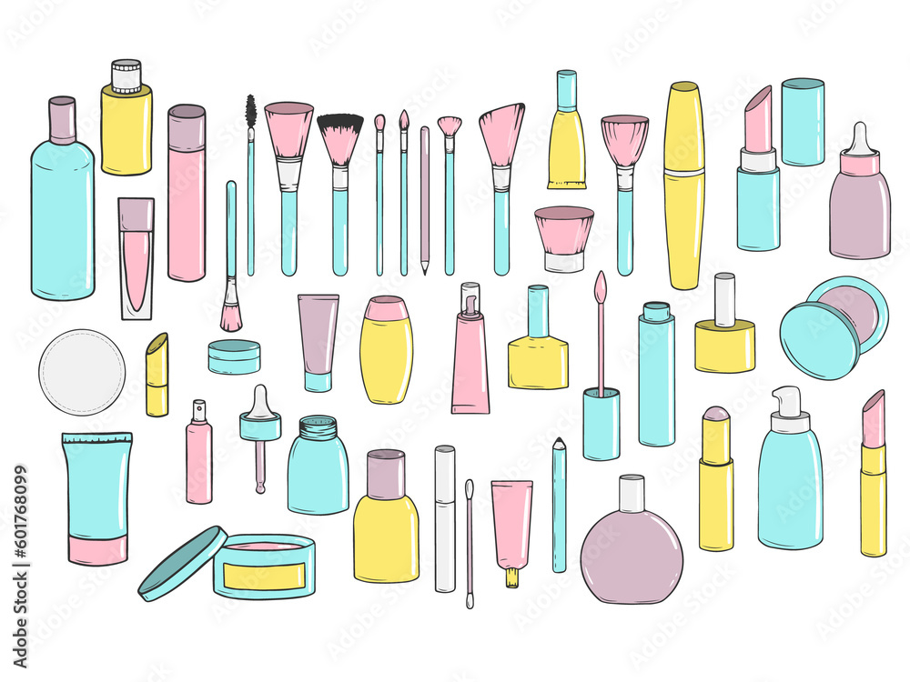 Set of hand-drawn cosmetics. Jars, tubes, brushes and bottles silhouettes collection. Illustration on transparent background Set of hand-drawn cosmetics. Jars, tubes, brushes and bottles silhouettes collection. Illustration on transparent background