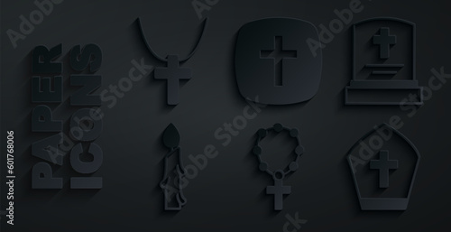 Set Rosary beads religion, Grave with tombstone, Burning candle, Pope hat, Christian cross and chain icon. Vector