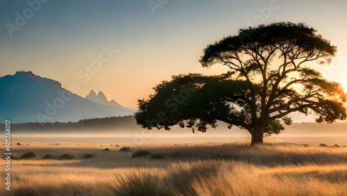 A tree in a field with mountains in the background Create With Generative AI Technology