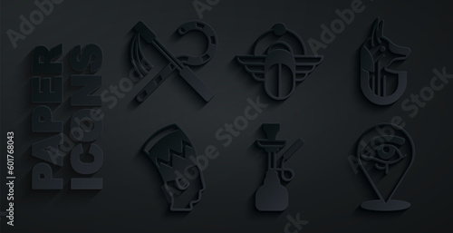 Set Hookah, Egyptian anubis, Nefertiti, Eye of Horus, Scarab and Crook and flail icon. Vector