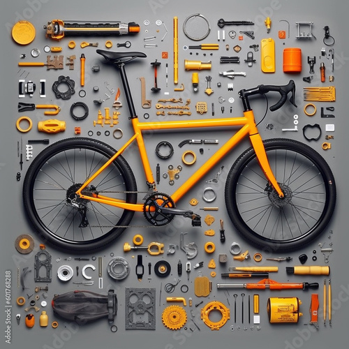 A highly detailed, deconstructed future bicycle arranged in a knolling layout, showcasing its intricate design and construction. , Generativ Ai photo