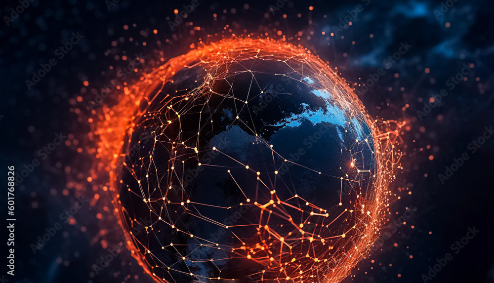 Fototapeta premium A glowing globe with an intricate network of dots, lines, and connections in orange, depicting a complex digital cyber system. generative AI.