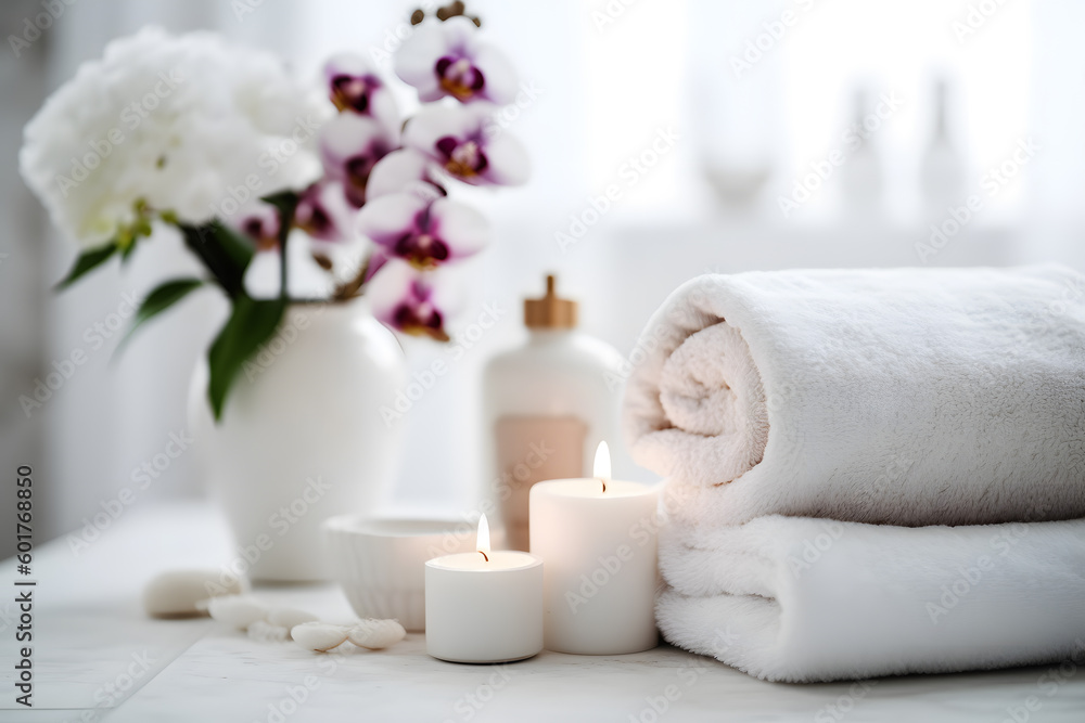 relaxing spa retreat with flowers, candles and towels - generative ai