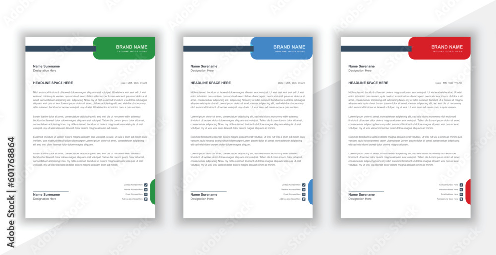 Modern letterhead layout in attractive variations of red, blue and green colors