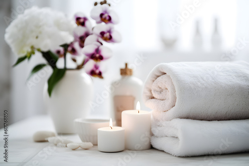 relaxing spa retreat with flowers  candles and towels - generative ai