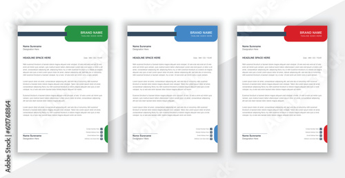 Modern letterhead layout in attractive variations of red, blue and green colors