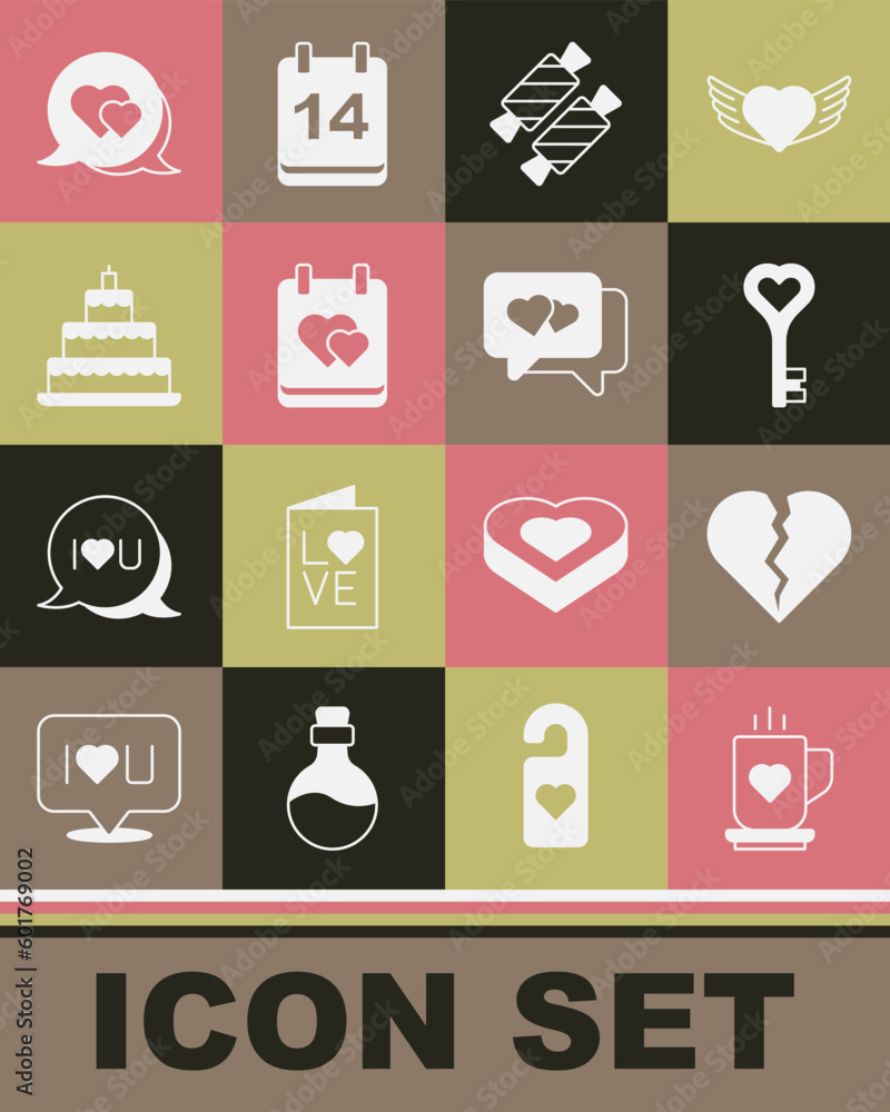 Set Coffee cup and heart, Broken or divorce, Key in shape, Candy, Calendar with, Wedding cake, Heart speech bubble and icon. Vector Set Coffee cup and heart, Broken or divorce, Key in shape, Candy, Calendar with, Wedding cake, Heart speech bubble and icon. Vector