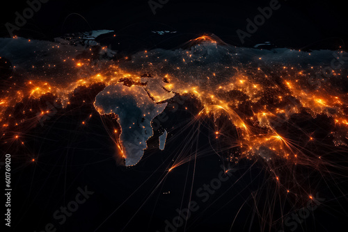 A abstract world of network graphics technology, represented by bronze orange color scheme. Intricate web of connections and nodes display of the complex digital world. generative AI.