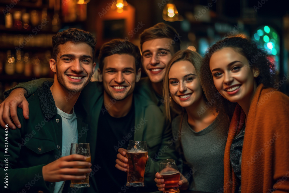 Joyful Crowd Toasting and Drinking to the Festive Atmosphere at the Bar Joyful Crowd Toasting and Drinking to the Festive Atmosphere at the Bar