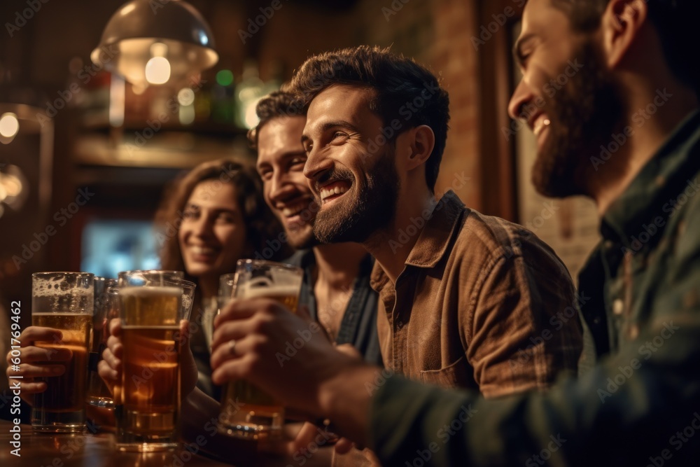Group of Buddies Celebrating a Victory with Refreshing Beers Group of Buddies Celebrating a Victory with Refreshing Beers