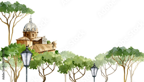 watercolor illustration of Rome, Italy, hand drawn panorama of town with pinya pine and old street lamp, isolated on white background