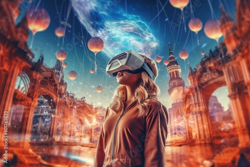 Woman with VR headset exploring the metaverse, Generative AI Technology