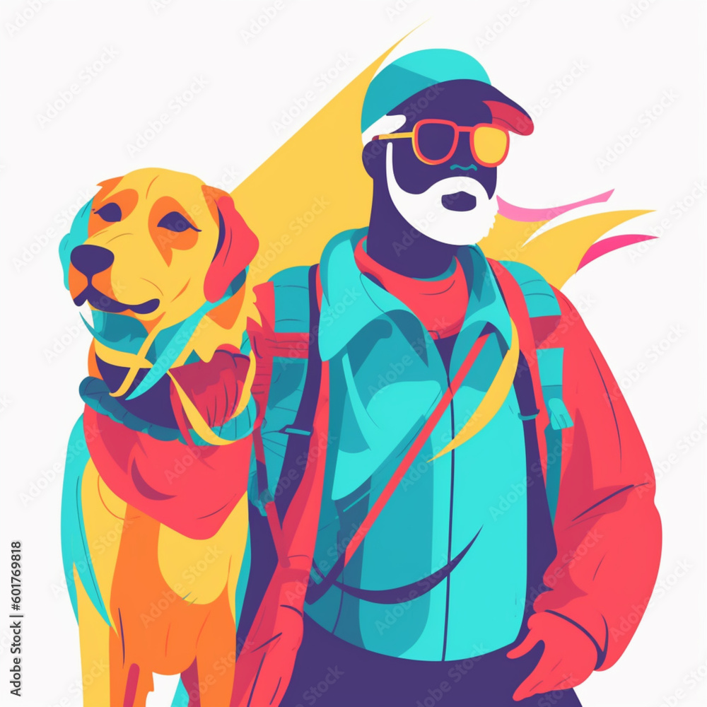 Fototapeta premium A cheerful blind man with his service dog. The dog is trained to help him as a guide for walking and some other activities. 2D flat image isolated in white background. 