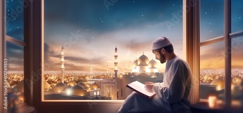 Muslim man sitting and holding Quran with view of mosque, eid ul adha mubarak day background illustration, Generative AI