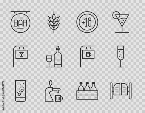 Set line Effervescent tablets in water, Saloon door, Alcohol 18 plus, Beer tap with glass, Street signboard Bar, Wine bottle, Bottles of wine wooden box and Glass champagne icon. Vector