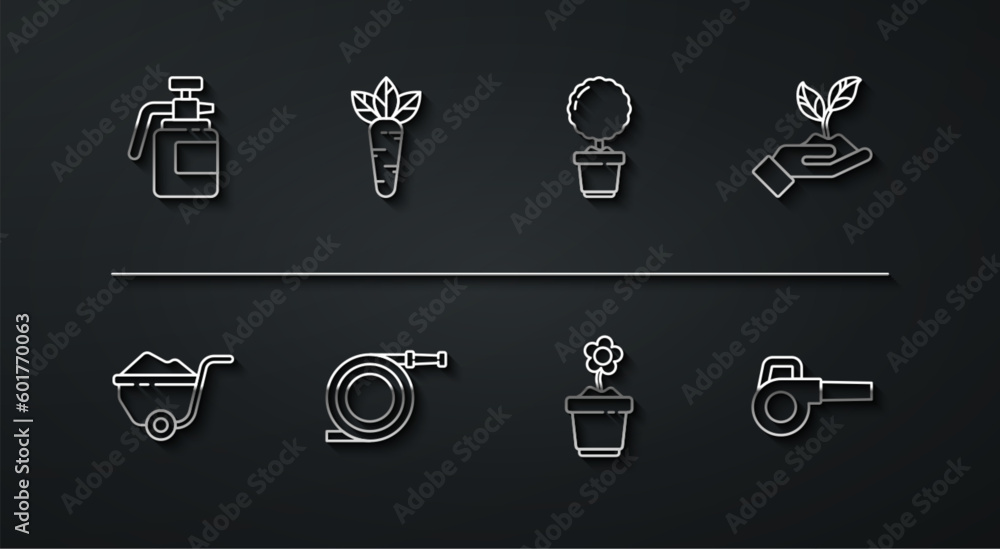 Set line Garden sprayer for fertilizer, Wheelbarrow with dirt, Plant in hand of environmental, Flower pot, hose fire hose, Carrot, Leaf garden blower and icon. Vector Set line Garden sprayer for fertilizer, Wheelbarrow with dirt, Plant in hand of environmental, Flower pot, hose fire hose, Carrot, Leaf garden blower and icon. Vector