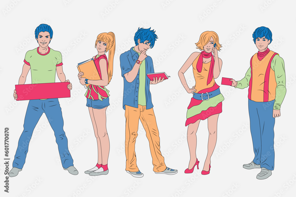 Colorful Vector Illustration of Young Boys and Girls Posed with Props - Ideal for Designers and Publishers
