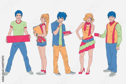 Colorful Vector Illustration of Young Boys and Girls Posed with Props - Ideal for Designers and Publishers