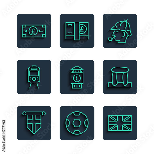 Set line England flag on pennant, Football ball, Flag of Great Britain, Sherlock Holmes, Big Ben tower, Tram railway, Pound sterling money and Stonehenge icon. Vector