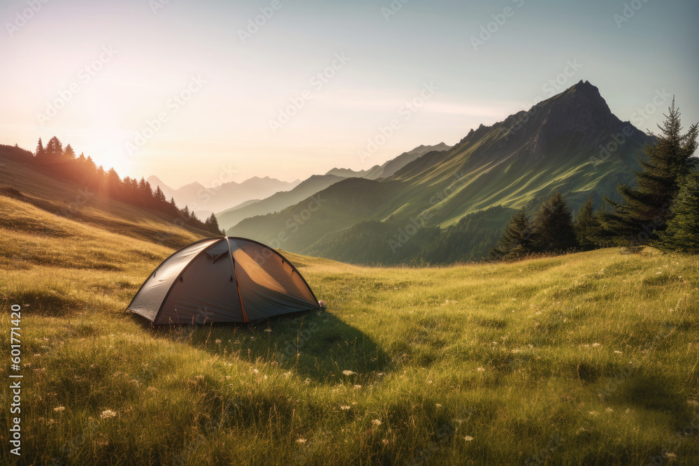 Camping tent with amazing view on mountain landscape at sunset. Hiking and nature travel concept. Outdoor activities in summer. Created with Generative AI