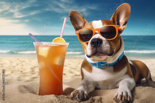 Der beste Freund des Sommers: Hund mit Cocktail am Strand
