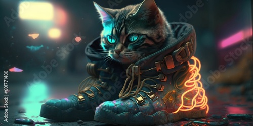 Cyberpunk Street Cat Gangs of Futuristic Neon Lit Street Cat City