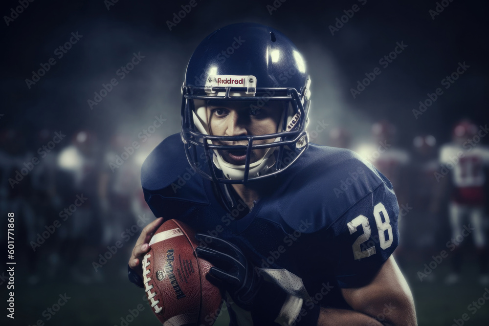 American football player in uniform and helmet holds ball at stadium. Created with Generative AI