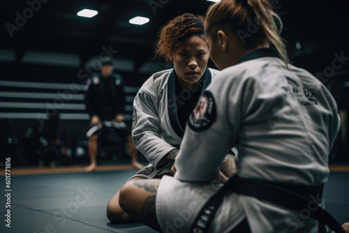 Brazilian jiu jitsu training. Two female judo fighters in kimono on tatami. Martial arts concept. Created with Generative AI photo
