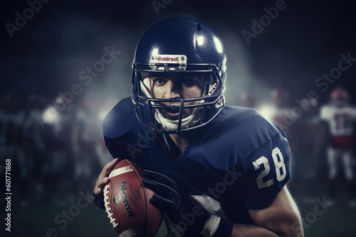 American football player in uniform and helmet holds ball at stadium. Created with Generative AI