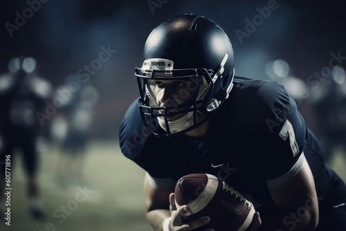 American football player in uniform and helmet holds ball at stadium. Created with Generative AI © Lazy_Bear