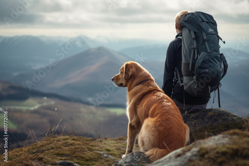 Woman with dog in mountains. Female owner hiking with pet. Nature travelling. Created with Generative AI