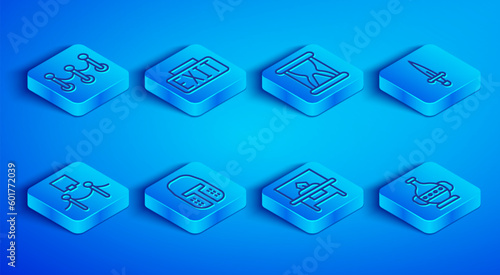 Set line Rope barrier, Exit sign, Old hourglass with sand, Medieval iron helmet, Glass showcase for exhibit, Dagger, Picture rope and Ancient amphorae icon. Vector