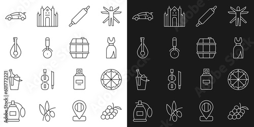 Set line Grape fruit, Pizza, Woman dress, Rolling pin, knife, Mandolin, Sport racing car and Barrel for wine icon. Vector