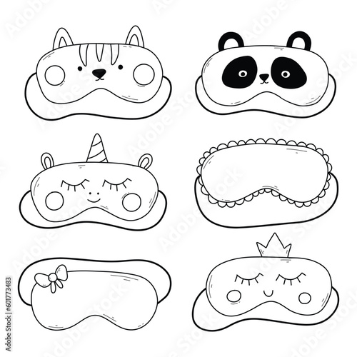 Wallpaper Mural Set of sleep masks in doodle style. Collection of linear masks. Vector illustration. Iasca for sleeping with a cat, panda, unicorn. Torontodigital.ca