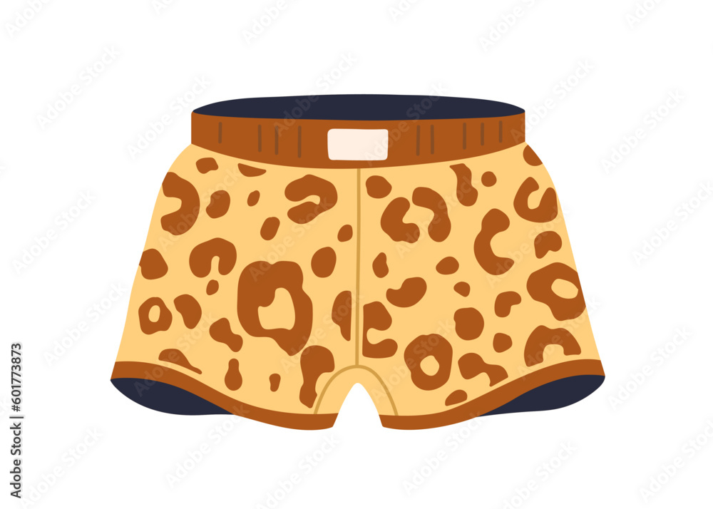 Men trunks, underwear with leopard print. Leo animal pattern boxers, shorts design. Male panties, briefs with animalistic print. Undergarment. Flat vector illustration isolated on white background Men trunks, underwear with leopard print. Leo animal pattern boxers, shorts design. Male panties, briefs with animalistic print. Undergarment. Flat vector illustration isolated on white background
