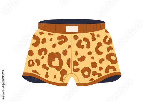 Men trunks, underwear with leopard print. Leo animal pattern boxers, shorts design. Male panties, briefs with animalistic print. Undergarment. Flat vector illustration isolated on white background